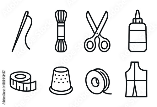 Textile Craft Tools Icons. Outline icon set of textile crafting tools: sewing needle, embroidery floss,