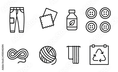Sustainable Decor Icons. Outline icon set of sustainable decor ideas: upcycled denim, fabric scraps, eco dye,