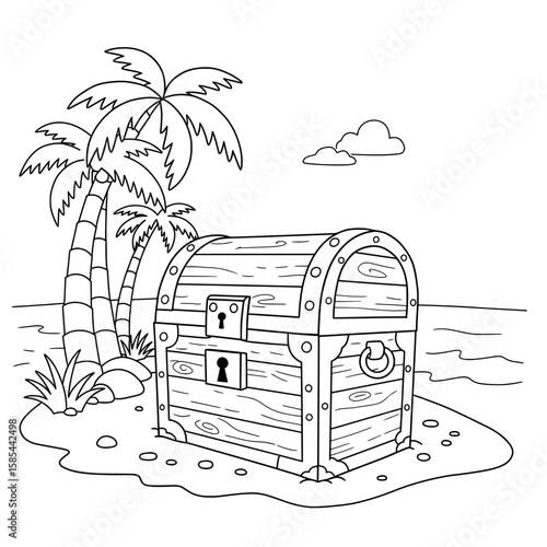 Treasure Island A detailed line art scene of a treasure chest by palm trees on a tropical island