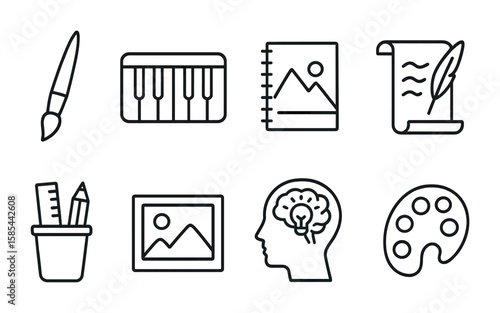 Creative Self-Care Icons. Outline icon set of creative self-care: painting brush, music keyboard, sketchpad,