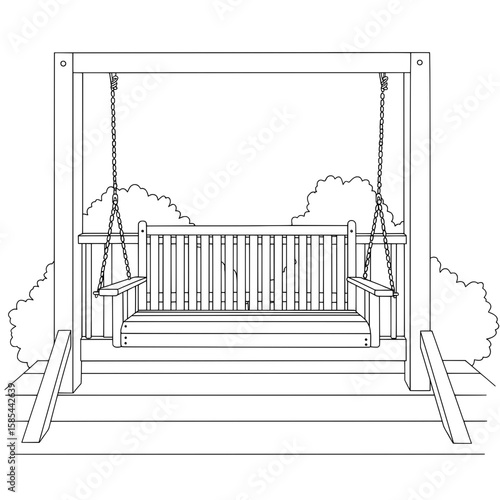 Outline illustration of a porch swing with chains in the yard among bushes