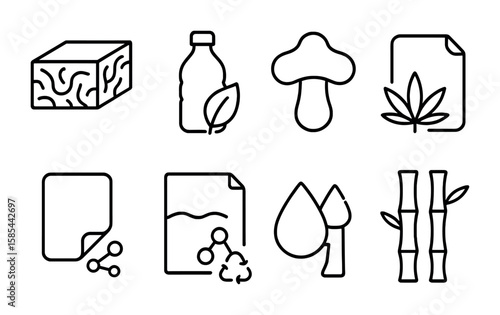 Biomaterial Icon Set. Outline icon set of biomaterials for product design: mycelium block, algae plastic,