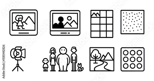 Animation Design Icons. Outline icon set of visual development for animation: concept sketch, style frame,