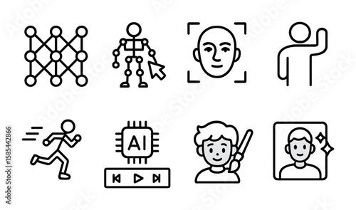 AI Animation Icon Set. Outline icon set of AI-assisted animation: neural net icon, auto-rig tool, face