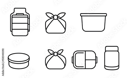 Eco Container Icons. Outline icon set of reusable containers and wraps: tiffin box, cloth wrap, silicone pouch
