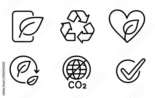 Eco Certification Icons. Outline icon set of product labeling and certifications: eco label, recyclable logo,