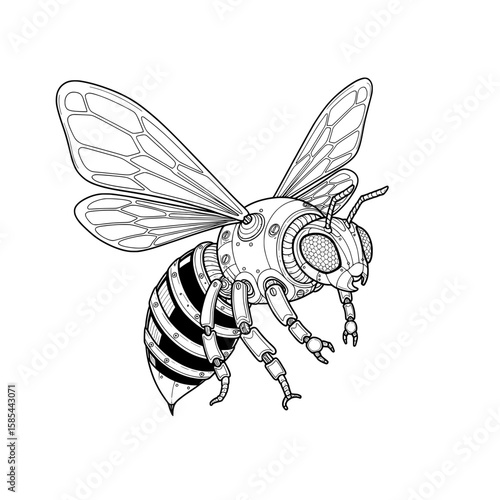 Mechanical Bee Illustration of a bee with wings, composed of gears, screws, & metal plating