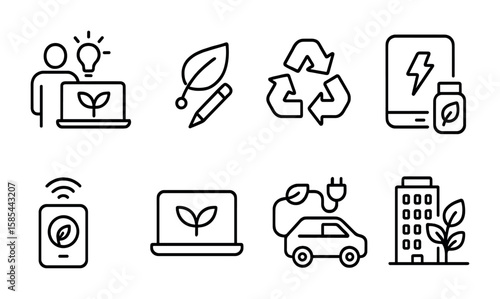 Green Technology Icons. Outline icon set of green technology innovation: clean tech startup, eco-design,