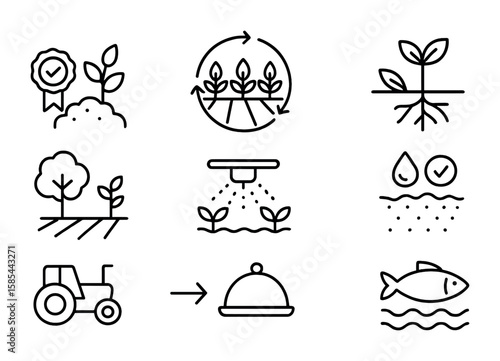 Sustainable Agriculture Icons. Outline icon set of sustainable agriculture and food systems: organic farming,
