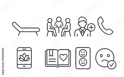 Mental Health Icons. Outline icon set of mental health support: therapy couch, support group, counselor icon,