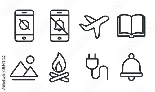 Digital Detox Icons. Outline icon set of digital detox and unplugging: phone off, no notifications, airplane