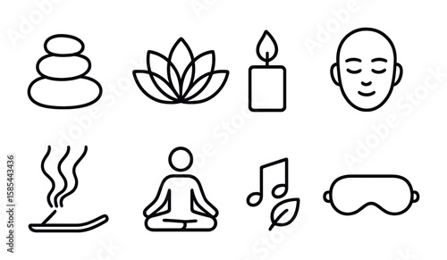 Mindfulness Icon Set. Outline icon set of relaxation and mindfulness: zen stones, lotus flower, candle flame,