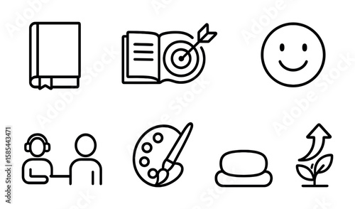 Self-Care Icon Set. Outline icon set of personal development and self-care: book, journal, goal target, smile