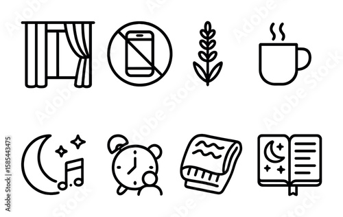 Sleep Hygiene Icons. Outline icon set of sleep hygiene practices: blackout curtain, no phone, lavender scent,
