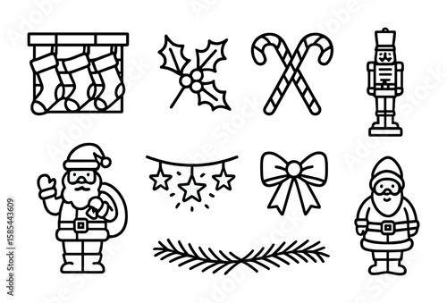 Festive Mantel Icons. Outline icon set of festive mantel styling: Christmas stockings, holly branches, candy
