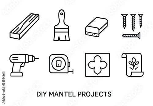 DIY Mantel Icons. Outline icon set of DIY mantel projects: wooden plank, paint brush, sanding block, screws,