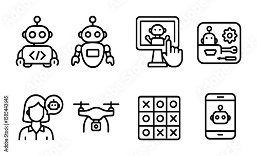 Educational Robotics Icons. Outline icon set of educational robotic assistants: coding robot, programmable bot