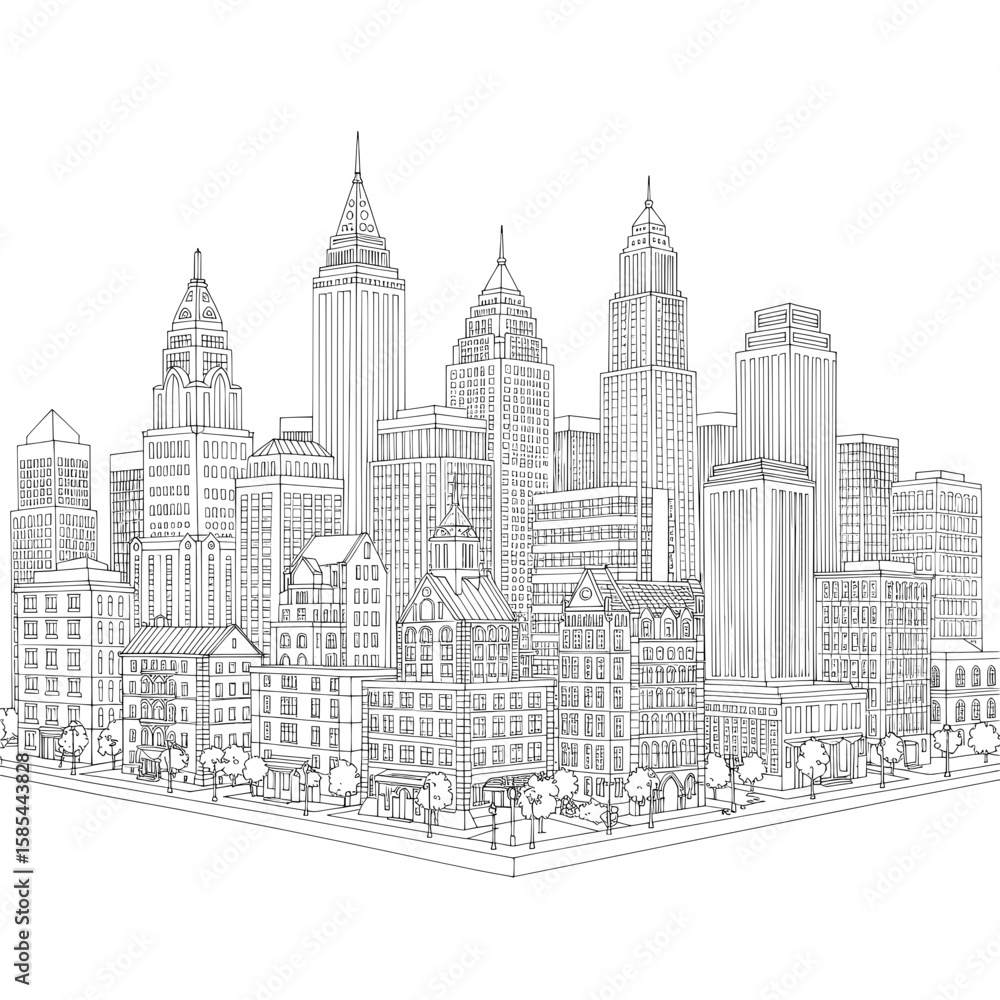 Naklejka premium Skyline sketch displays high-rise towers, buildings, windows, roofs and intricate details