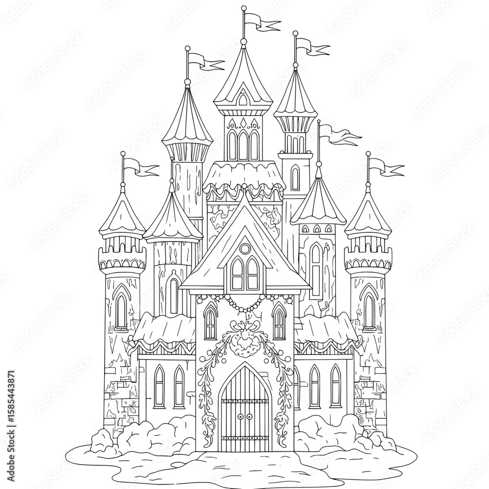 Intricate line art of a fairytale castle with detailed towers and flags flying atop them Intricate line art of a fairytale castle with detailed towers and flags flying atop them