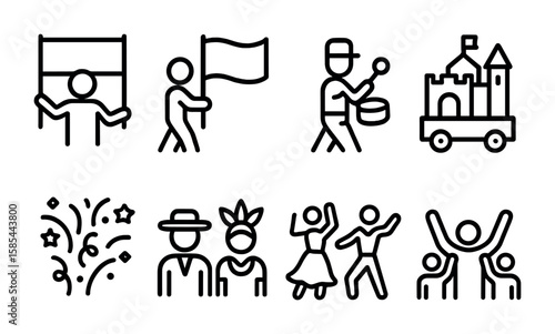 Cultural Parade Icons. Outline icon set of cultural parade elements: banner carrier, flag bearer, marching