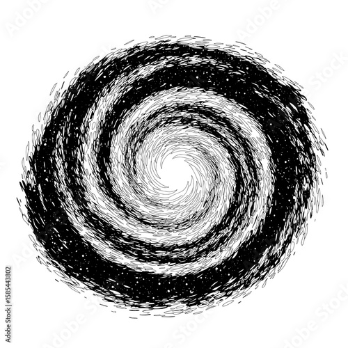 Swirling void of black and white lines converge to a center point with scattered dots