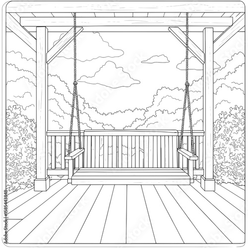 Line art illustration of two swings hanging from a wooden gazebo overlooking nature
