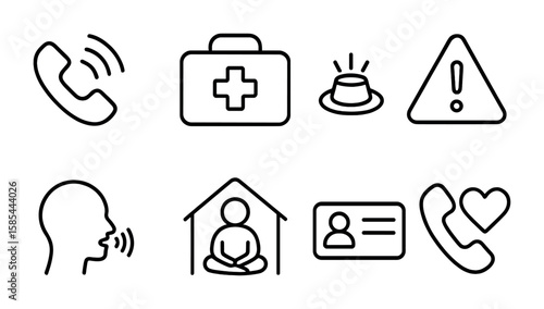 Crisis Intervention Icons. Outline icon set of crisis intervention: emergency phone, first aid kit, help