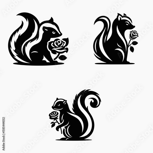 A Skunk with rose. Rose Valentine Clipart Line Art Vector Illustration Love Heart Romance. Critter holding flower cute mammal having botanical bloom aroma gift.