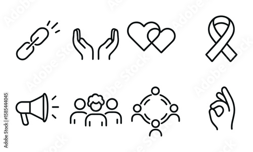 Stigma Reduction Icons. Outline icon set of stigma reduction: broken chain, open hands, heart connection,