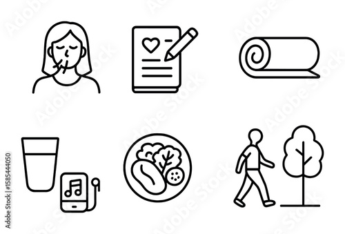 Emotional Wellbeing Icons. Outline icon set of emotional wellbeing tools: breathing exercise, gratitude