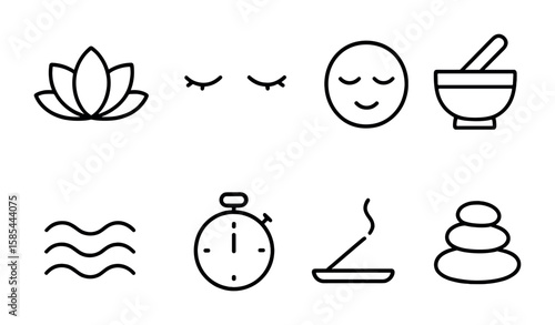 Mindfulness Icon Set. Outline icon set of mindfulness and meditation: lotus flower, closed eyes, calm face,