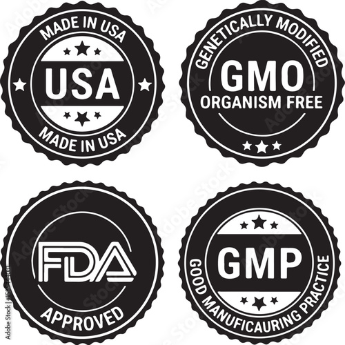 U S A G M O F D A G M P certification seals stamp badge, certification, seal, stamp, badge, emblem, mark, logo, usa, made in usa, united states, america, gmo, genetically modified, organism free, fda,