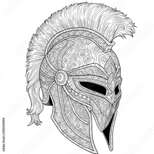 Elaborate helmet, detailed with swirls, circles, and lines, featuring a feathered plume on top