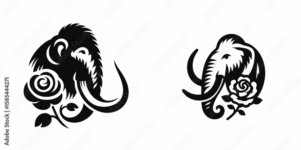 Obraz premium A Mammoth with rose. Rose Valentine Clipart Line Art Vector Illustration Love Heart Romance. Jumbo hairy elephant holding bloom large extinct creature flora.