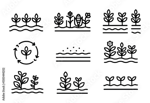 Crop Cultivation Icons. Outline icon set of crop cultivation methods: monoculture, polyculture, intercropping,