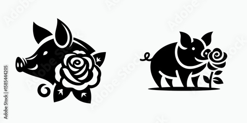 A Pig with rose. Rose Valentine Clipart Line Art Vector Illustration Love Heart Romance. Farm animal holding bloom swine flower for decoration concept.