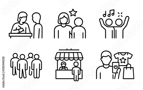 Post-Concert Icons. Outline icon set of post-concert activities: autograph signing, meet and greet,