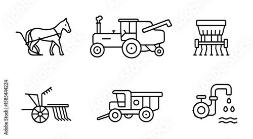 Farm Machinery Evolution. Outline icon set of farm machinery evolution: horse-drawn plow, steam tractor,