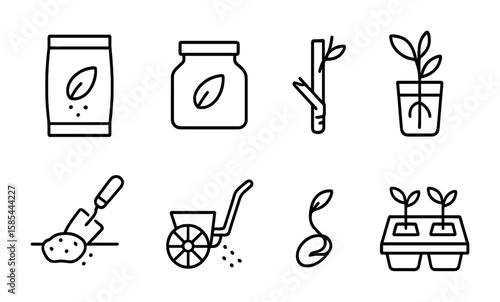 Seed Propagation Icons. Outline icon set of seed saving and propagation: seed packets, seed bank, grafting,