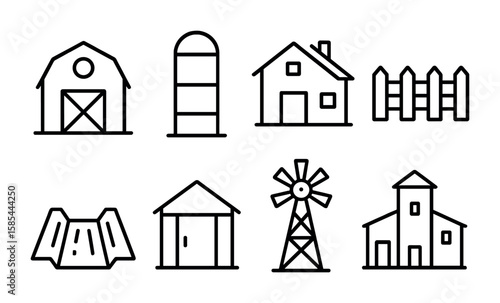 Farm Infrastructure Icons. Outline icon set of farm infrastructure: barn, silo, farmhouse, fence, irrigation