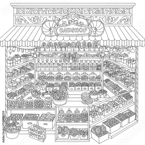 Whimsical sweet shop with jars, lollipops, candies and awning, ready for coloring