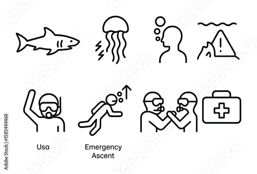 Diving Safety Icon Set. Outline icon set of diving hazards and safety: shark silhouette, jellyfish sting,