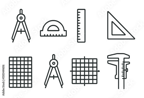Geometric Tools Icons. Outline icon set of mathematical geometric tools: compass, protractor, ruler, set