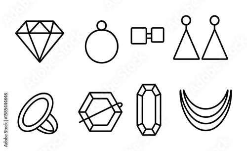 Geometric Jewelry Icons. Outline icon set of geometric jewelry shapes: faceted gem, circular pendant, square