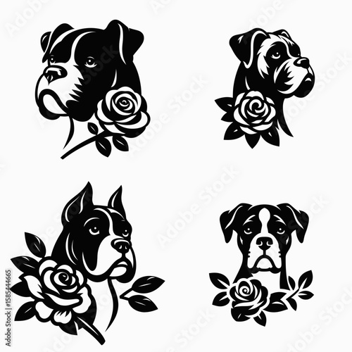 A Boxer Dog with rose. Rose Valentine Clipart Line Art Vector Illustration Love Heart Romance. Fawn canine holding bloom domestic animal alongside flowering plant.
