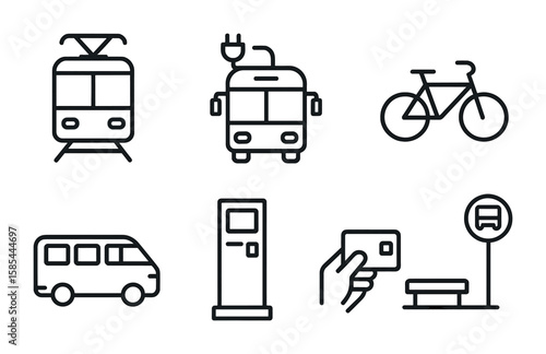 Public Transport Icons. Outline icon set of public transport options: tram, electric bus, subway train, bike