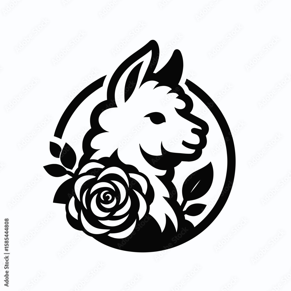 Fototapeta premium A Alpaca with rose. Rose Valentine Clipart Line Art Vector Illustration Love Heart Romance. Fluffy llama holding blossom sweet pet flower decoration.