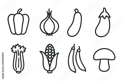 Vegetable Icon Set. Outline icon set of vegetables for cooking: bell pepper, onion, zucchini, eggplant, celery