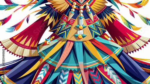Modern powwow jingle dress with metallic cones, vibrant fabrics, and dance-ready accessories, radiates beauty and movement for a rhythmic, elegant vector.