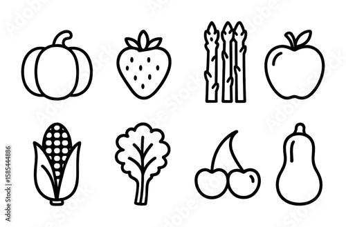 Seasonal Produce Icons. Outline icon set of seasonal fruits and vegetables: pumpkins, strawberries, asparagus,